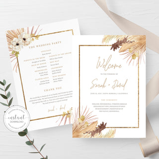 Pampas Grass Wedding Ceremony Program Template, Wedding Program Desert Boho, Beach Boho Program, 5x7 Editable DIGITAL DOWNLOAD - DP100
