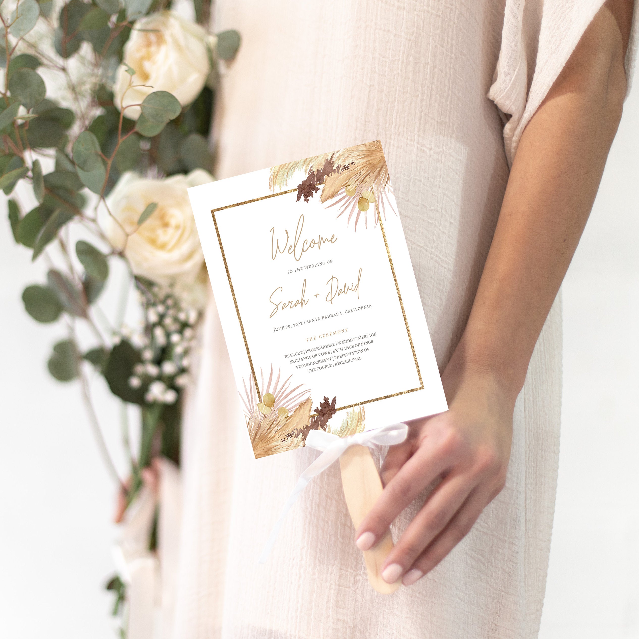 Pampas Grass Wedding Ceremony Program Template, Wedding Program Desert Boho, Beach Boho Program, 5x7 Editable DIGITAL DOWNLOAD - DP100