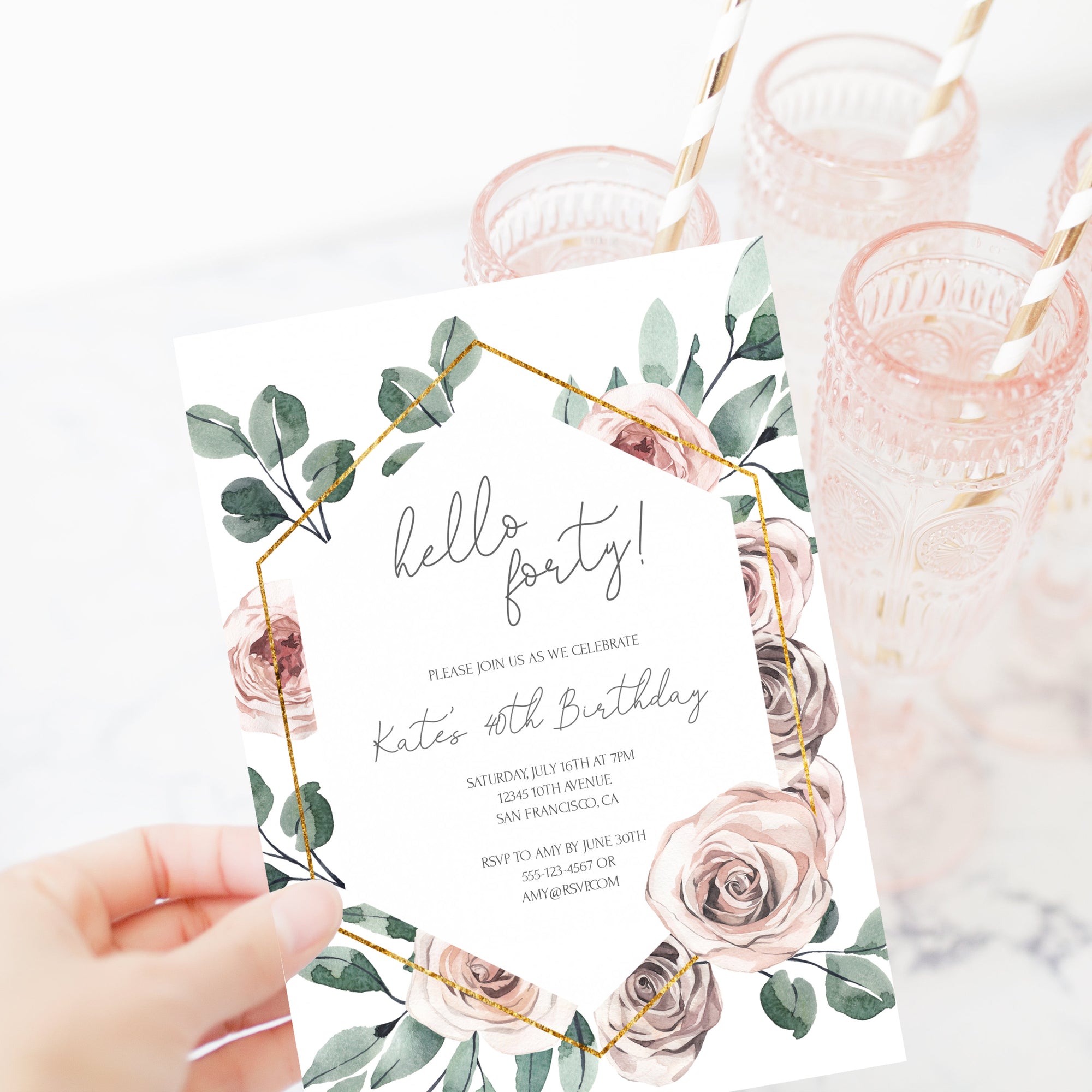 40th Birthday Invitation For Women, Printable 40th Birthday Party Invitation, Boho Rose 40th Birthday Invite, INSTANT DOWNLOAD BR100