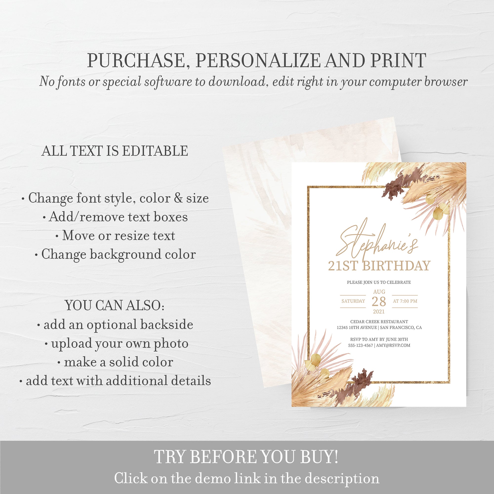 Desert Boho 21st Birthday Invitation Template, Printable Pampas Grass - PlumPolkaDot desert-boho-21st-birthday-invitation-template-printable-pampas-grass-plumpolkadot