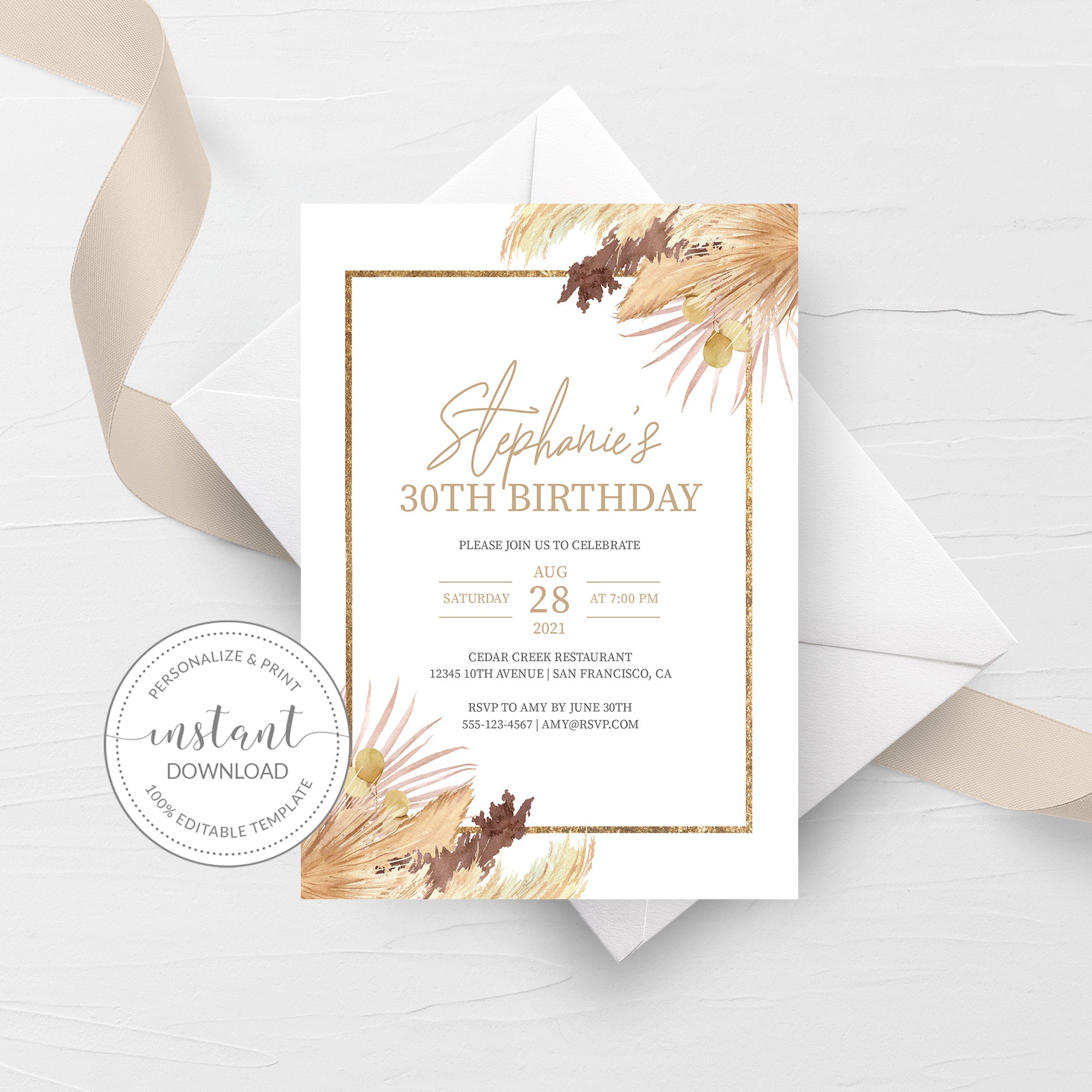 Pampas 30th Birthday Invitation For Women, Printable 30th Birthday Party Invitation, Bohemian 30th Birthday Invite, INSTANT DOWNLOAD DP100