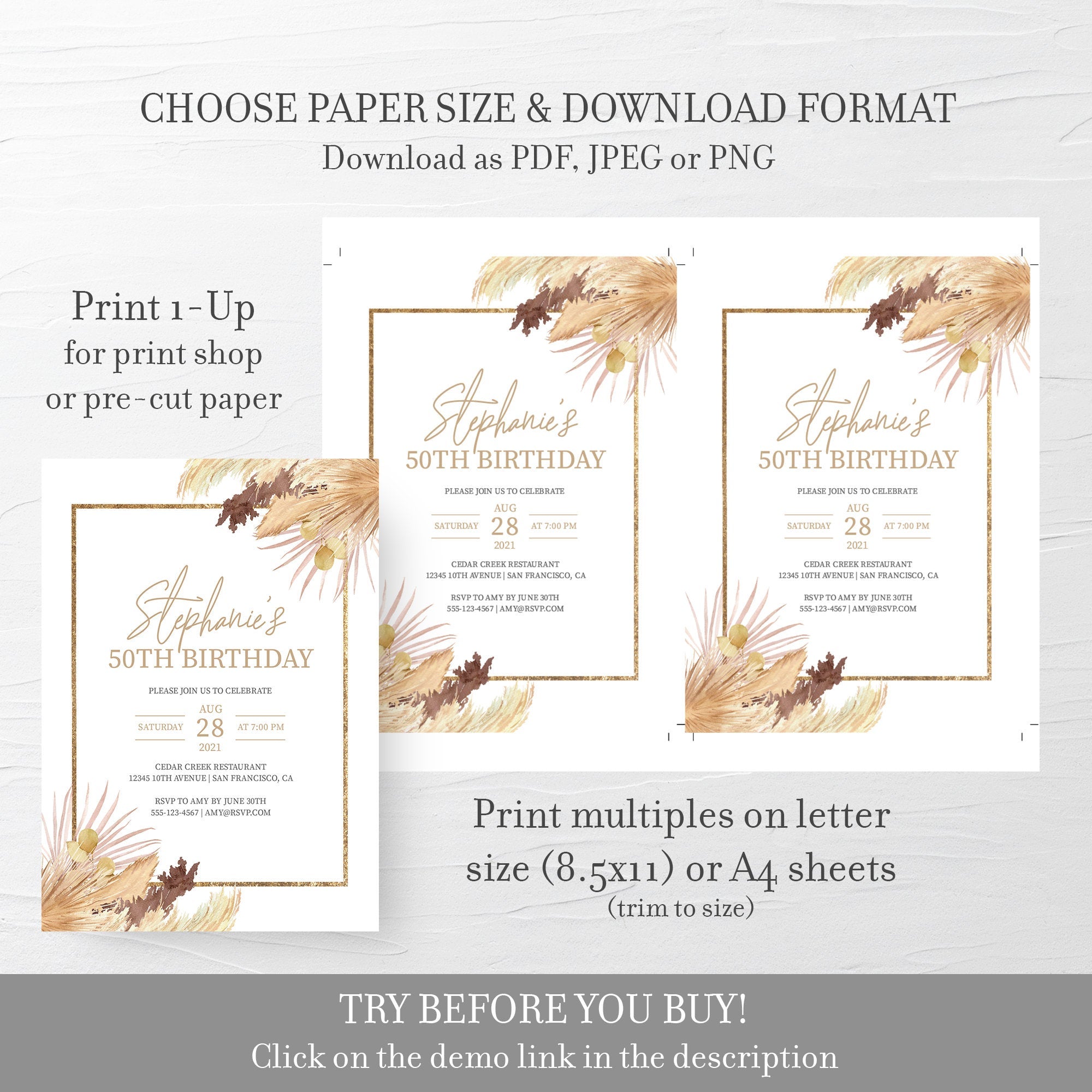 Pampas 50th Birthday Invitation For Women, Printable 50th Birthday Party Invitation, Bohemian 50th Birthday Invite, INSTANT DOWNLOAD DP100