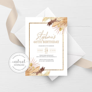 Pampas 60th Birthday Invitation For Women, Printable 60th Birthday Party Invitation, Bohemian 60th Birthday Invite, INSTANT DOWNLOAD DP100