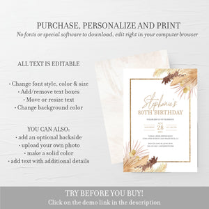 Pampas 80th Birthday Invitations, Printable 80th Birthday Party Invitation, Desert Bohemian 80th Birthday Invites, INSTANT DOWNLOAD DP100