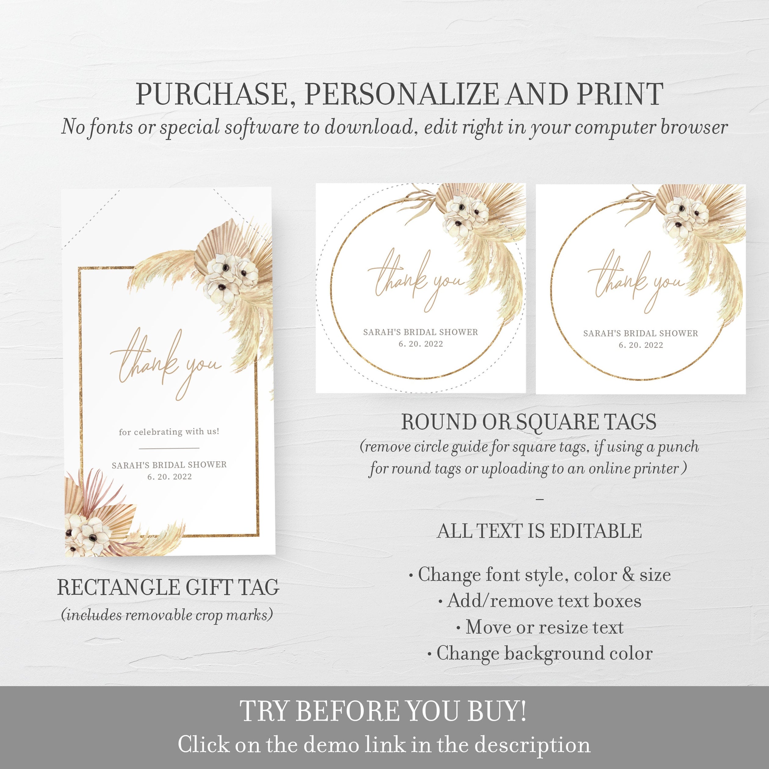 Desert Boho Bridal Shower Favor Tags Template, Printable Pampas Grass ...