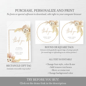 Personalized Wedding Favor Tags For Candles, Pampas Grass, Desert Boho Printable Thank You Tags for Wedding, Editable DIGITAL DOWNLOAD DP100