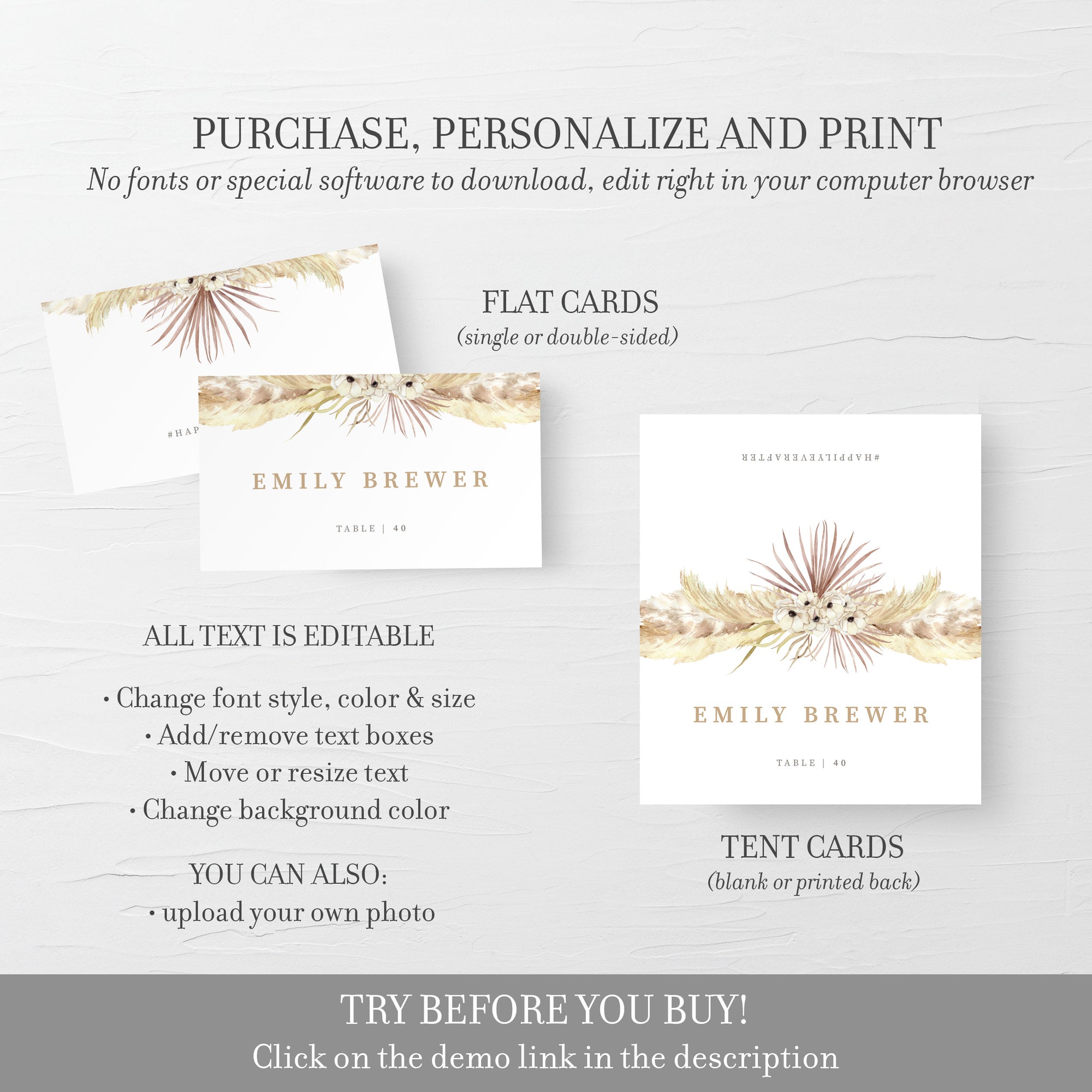 Pampas Place Card Template, Personalized Wedding Name Cards, Desert Boho Printable Place Cards, Dried Grass Editable DIGITAL DOWNLOAD DP100