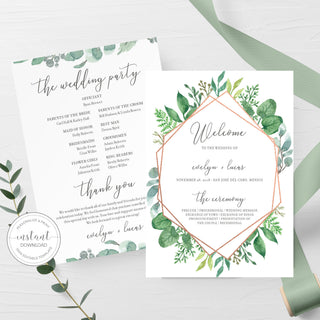 Rose Gold Greenery Wedding Ceremony Program Template, Wedding Programs Greenery, Editable Wedding Program, 5x7 DIGITAL DOWNLOAD - GFRG100