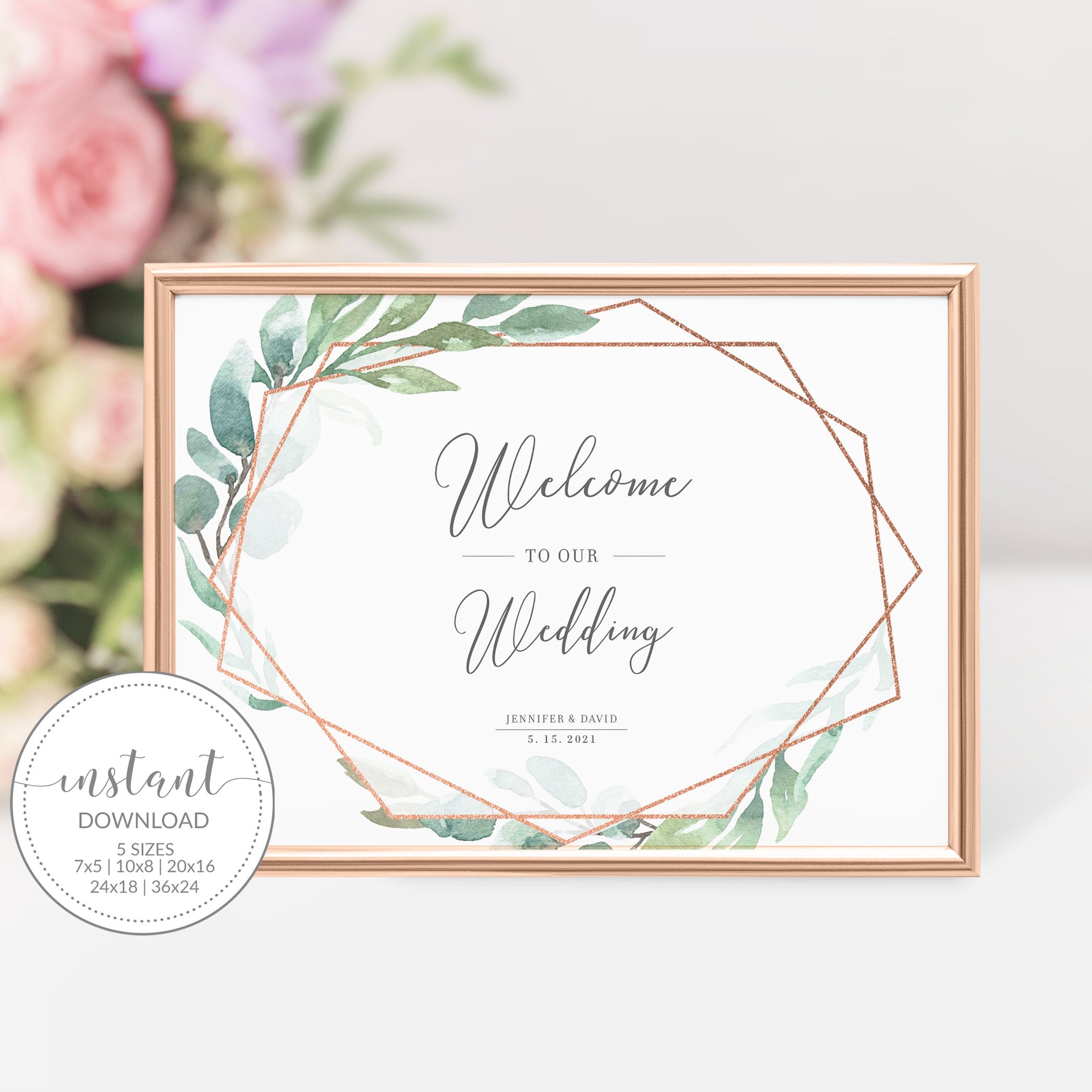 Rose Gold Greenery Wedding Welcome Sign Template, Large Welcome Sign Printable, Geometric Welcome To Our Wedding Sign, DIGITAL - GFRG100