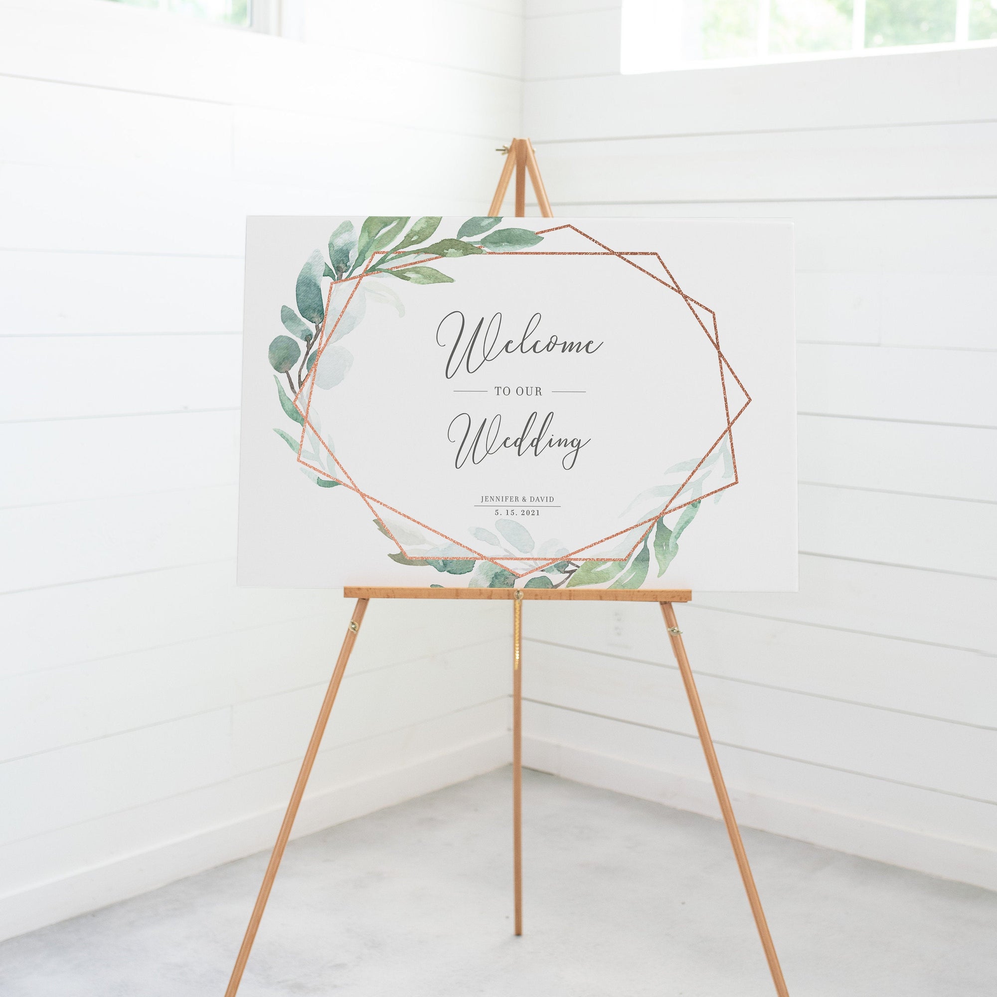Rose Gold Greenery Wedding Welcome Sign Template, Large Welcome Sign Printable, Geometric Welcome To Our Wedding Sign, DIGITAL - GFRG100