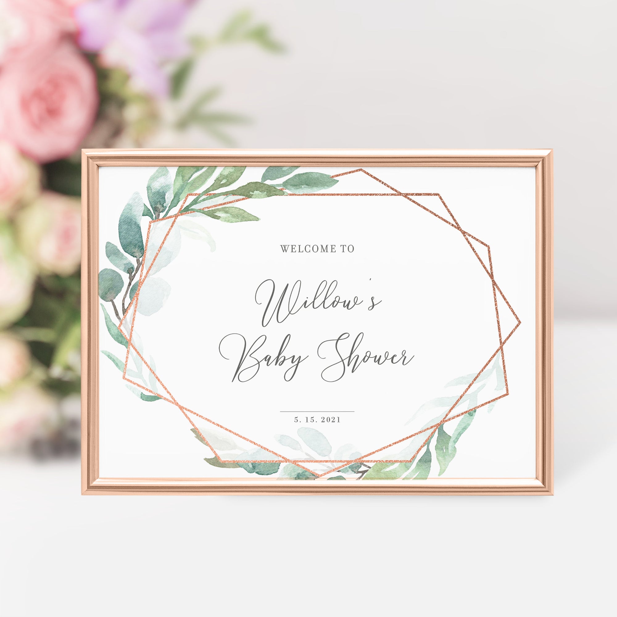 Baby Shower Welcome Sign Template, Rose Gold Geometric Greenery, Large Welcome Sign Printable, Baby Shower Decor, DIGITAL DOWNLOAD - GFRG100