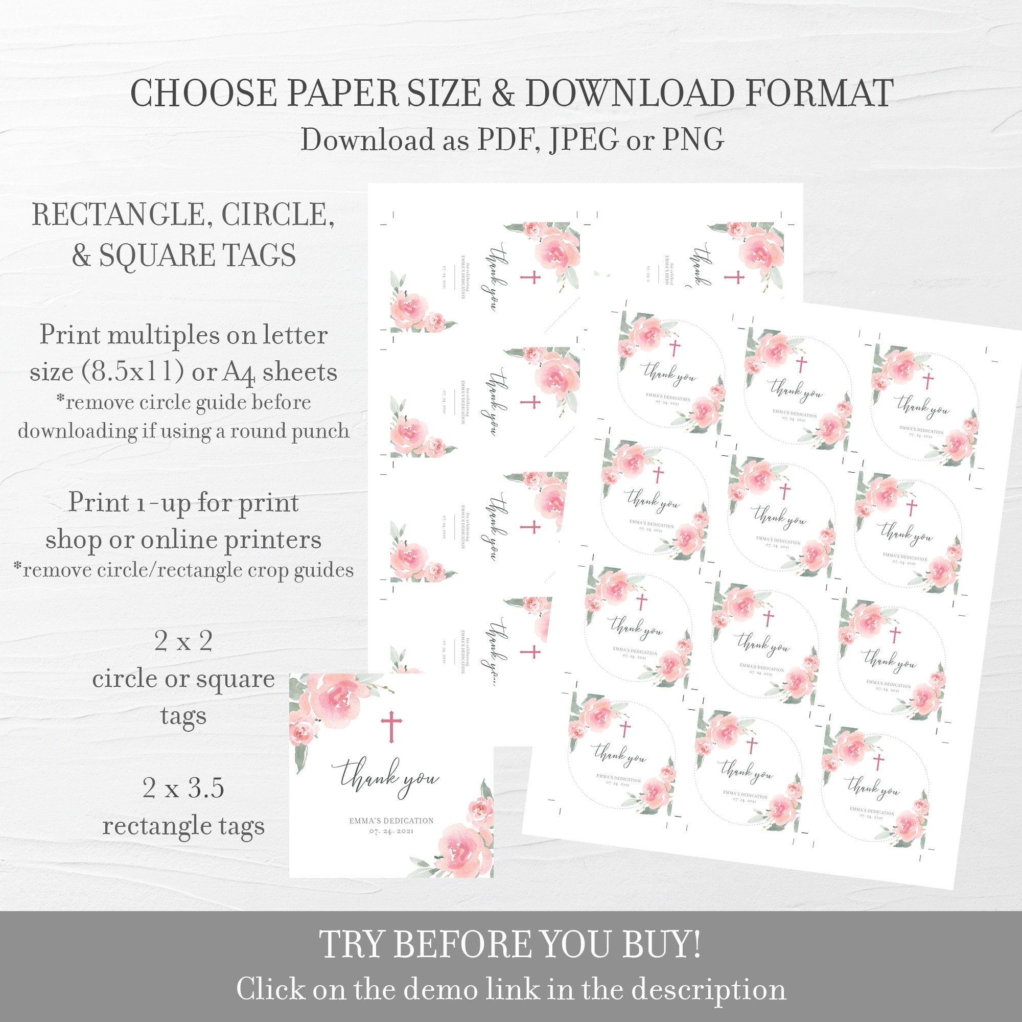 Dedication Tag Layout Blush Pink Floral Girl Dedication Favor Tag Template, Printable Thank ...