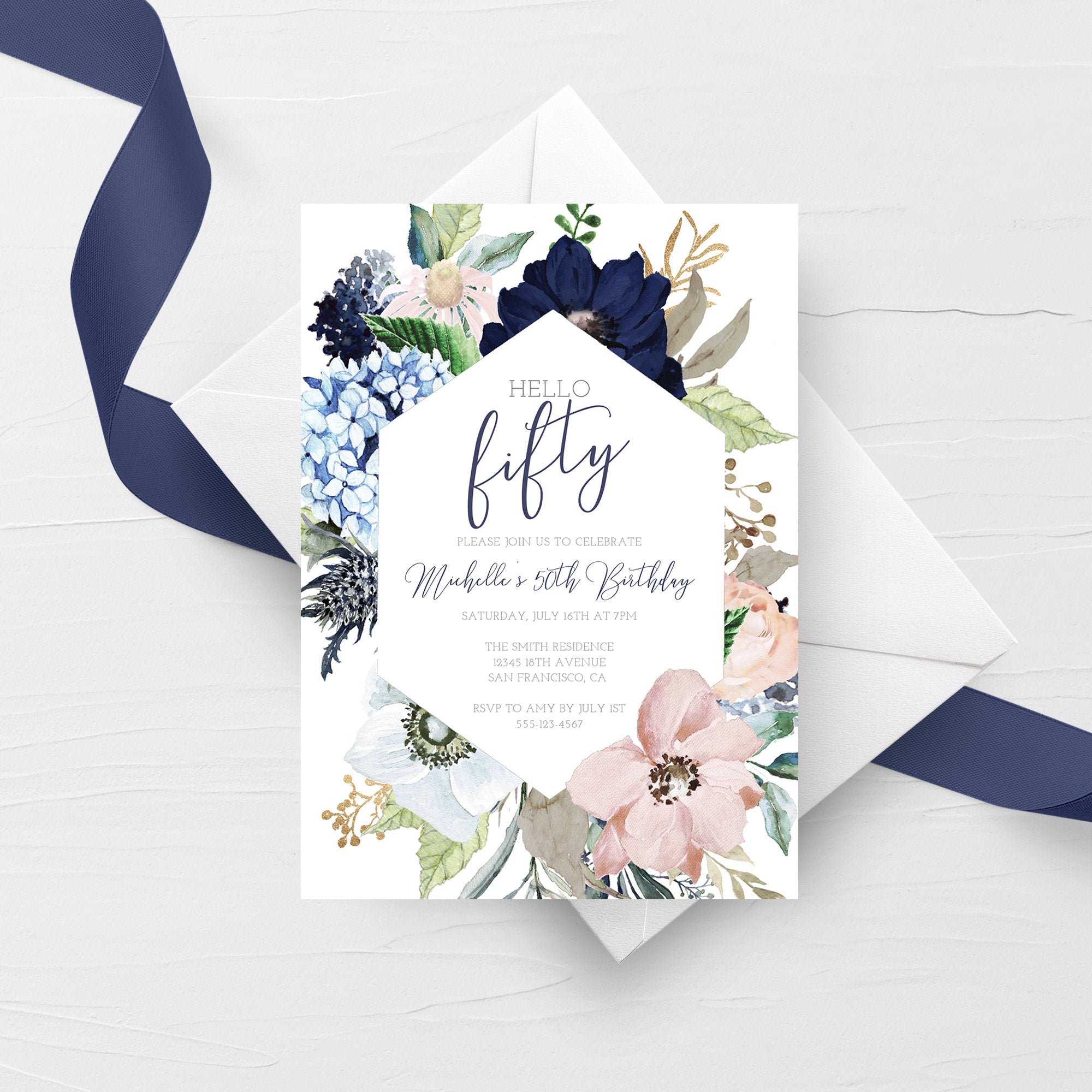 50th Birthday Invitation For Women, Printable 50th Birthday Party Invitation, Navy Blush Floral 50th Birthday Invite, INSTANT DOWNLOAD MB100