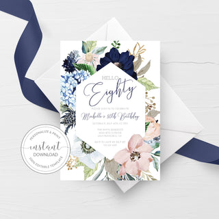 80th Birthday Invitation For Women, Printable 80th Birthday Party Invitation, Navy Blush Floral 80th Birthday Invite, INSTANT DOWNLOAD MB100