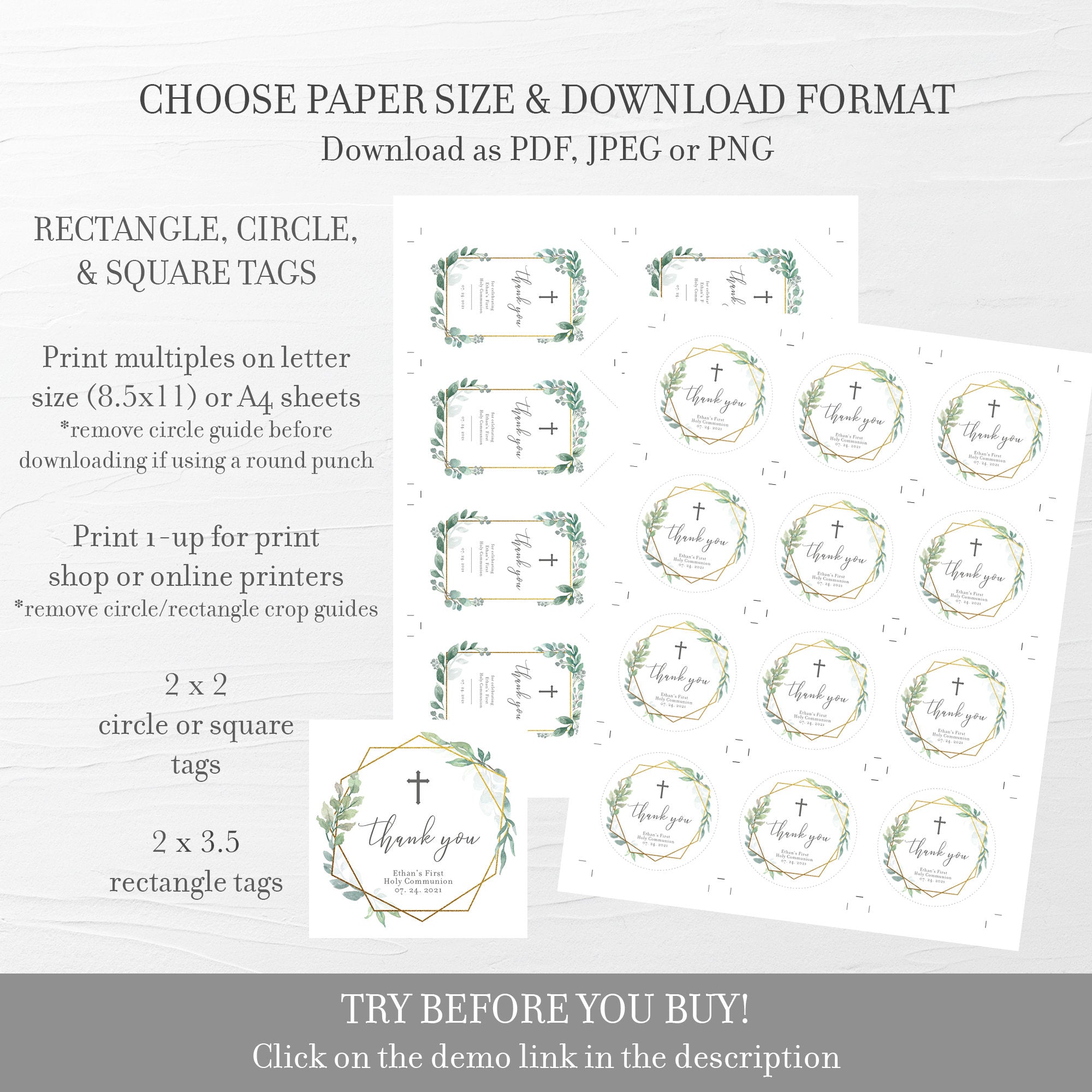 geometric-gold-greenery-first-holy-communion-favor-tags-template-prin-plumpolkadot for Free Printable First Communion Tags Geometric Gold Greenery First Holy Communion Favor Tags Template, Prin - PlumPolkaDot for Free Printable First Communion Tags