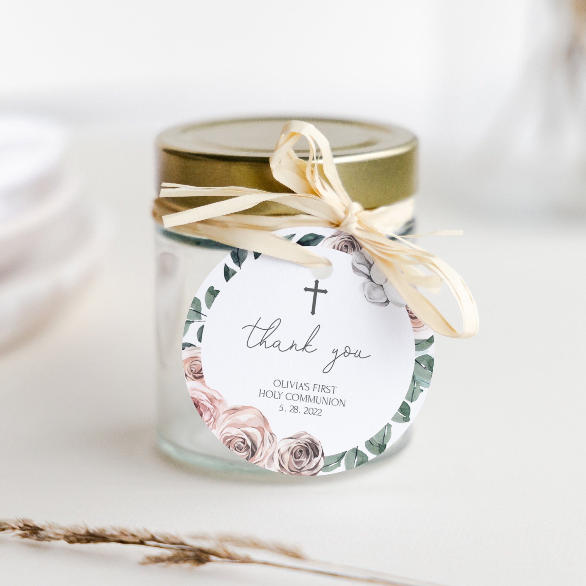 Boho Rose Holy Communion Favor Tag Template, Printable Girl First Comm - PlumPolkaDot boho-rose-holy-communion-favor-tag-template-printable-girl-first-comm-plumpolkadot