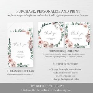 Boho Rose Wedding Favor Tags Printable Template, Garden Wedding Favor Tags, Personalized Thank You Tags, Editable DIGITAL DOWNLOAD - BR100