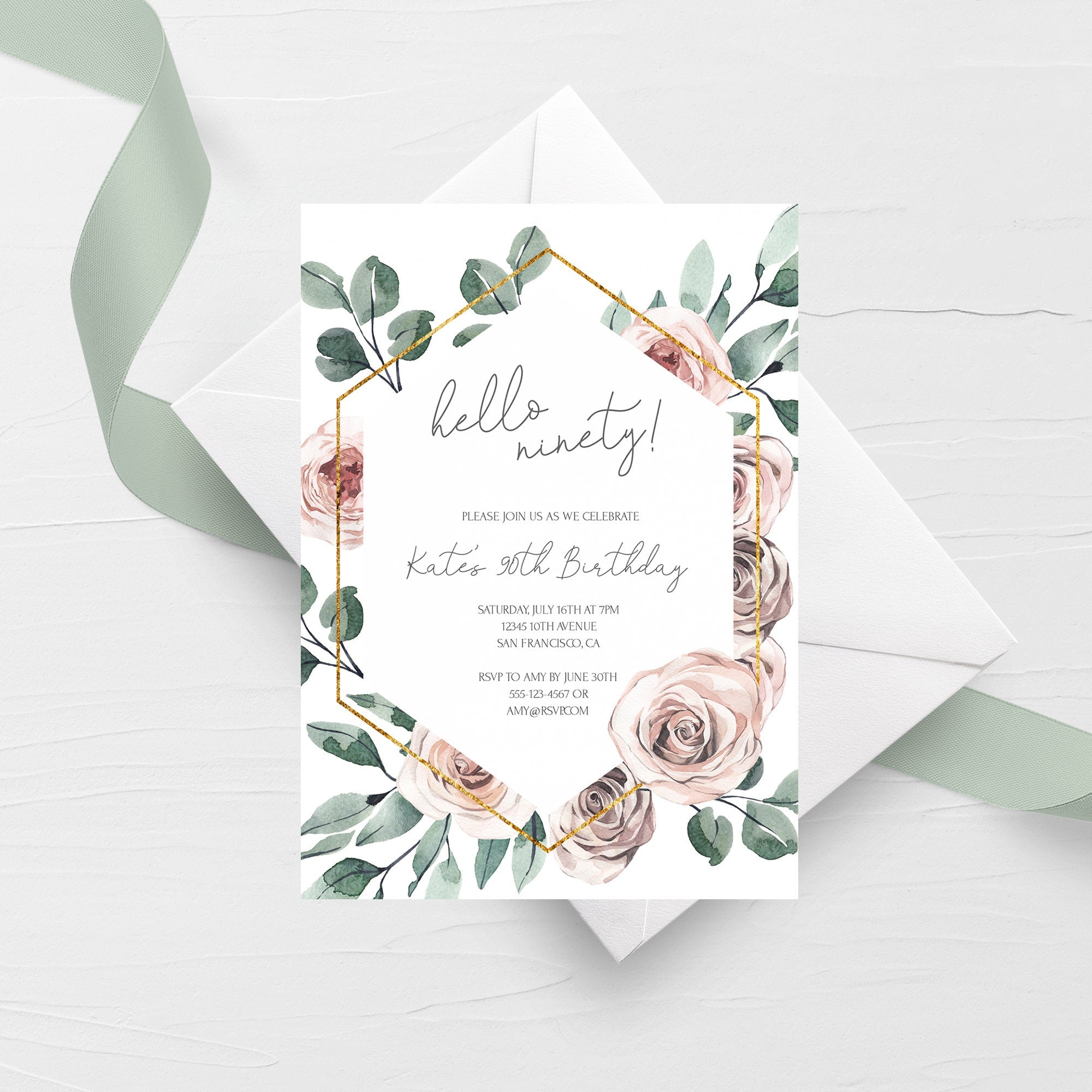 Boho Rose 90th Birthday Invitation Template, Printable Party Invite, E - PlumPolkaDot boho-rose-90th-birthday-invitation-template-printable-party-invite-e-plumpolkadot