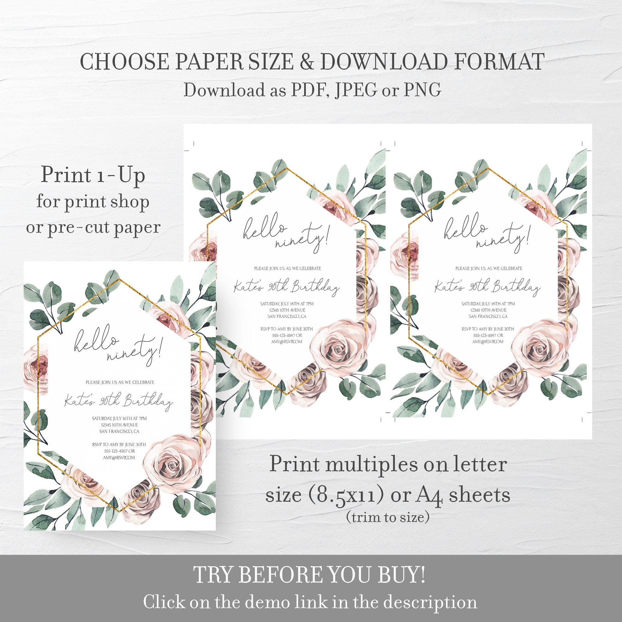 90th Birthday Invitation For Women, Printable 90th Birthday Party Invitation, Boho Rose 90th Birthday Invite, INSTANT DOWNLOAD BR100