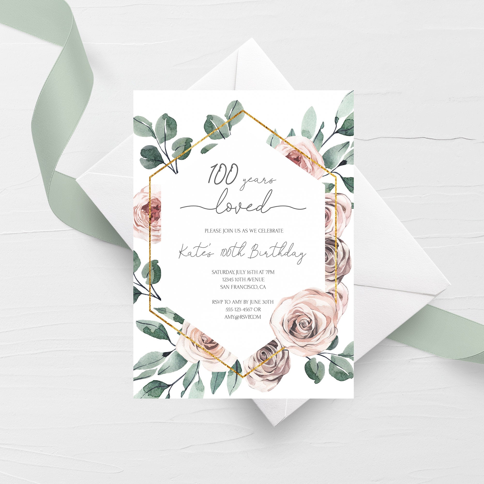 Boho Rose 100th Birthday Invitations Template, Printable Party Invite, - PlumPolkaDot boho-rose-100th-birthday-invitations-template-printable-party-invite-plumpolkadot