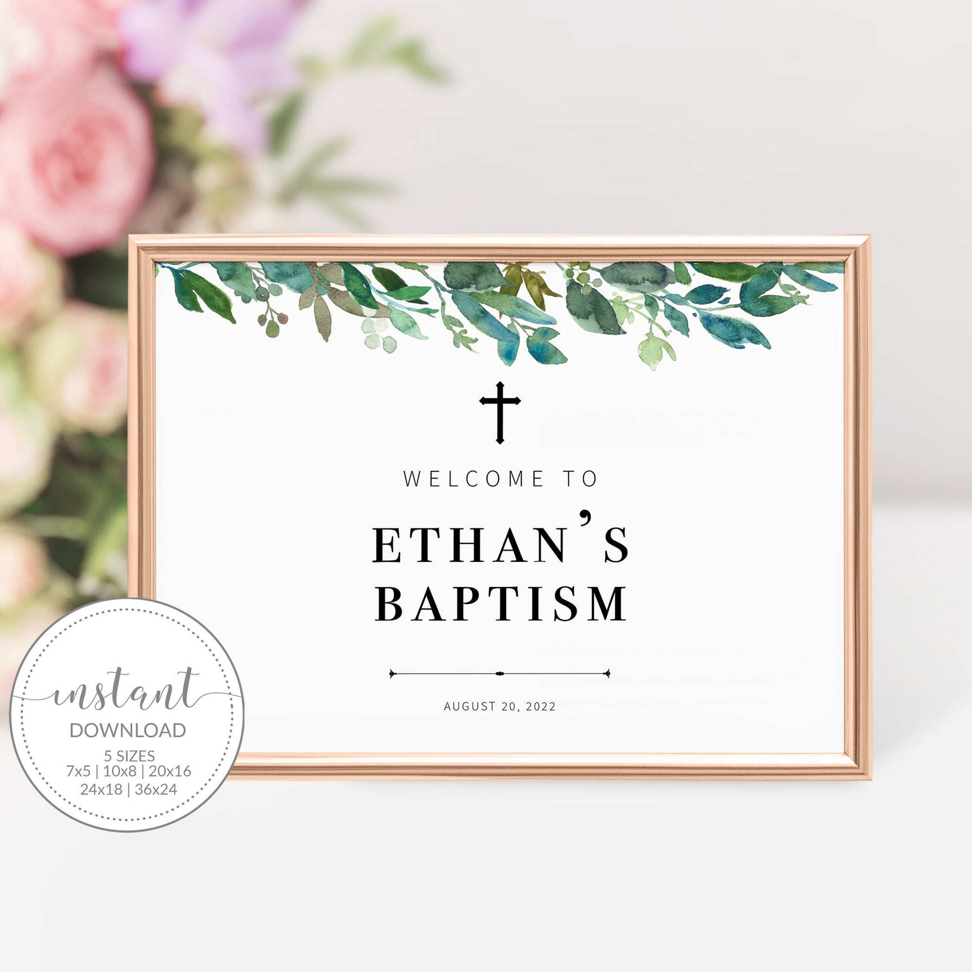 Greenery Baptism Welcome Sign Template, Large Welcome Sign Printable, Boy Baptism Decorations Greenery, INSTANT DOWNLOAD - G100