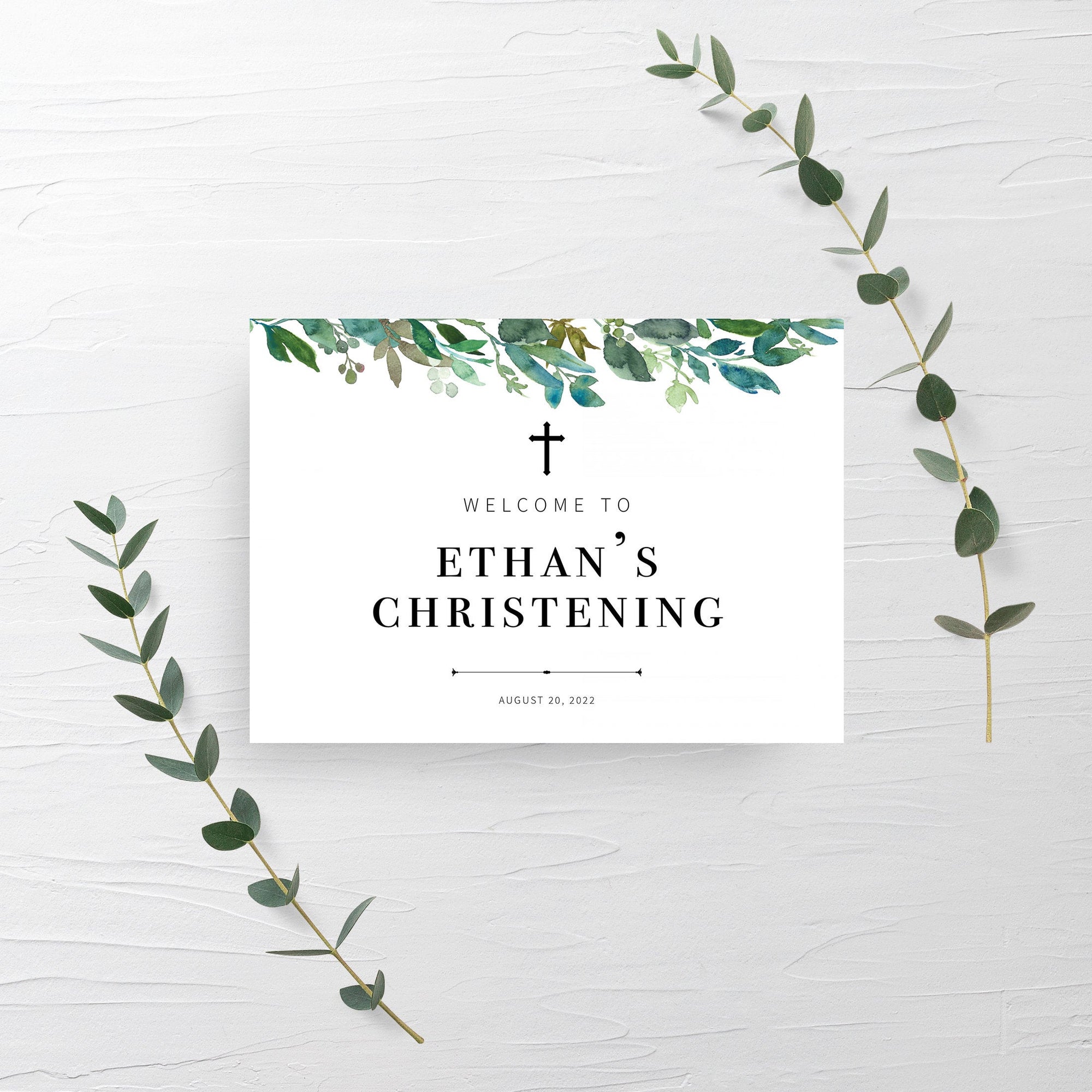 Greenery Christening Welcome Sign Template, Large Welcome Sign Printable, Boy Christening Decorations Greenery, INSTANT DOWNLOAD - G100