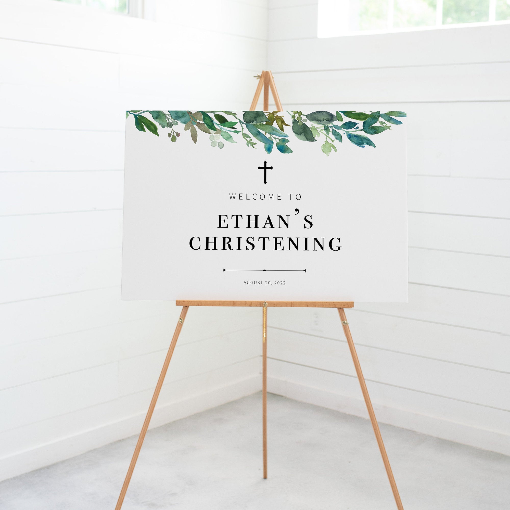 Greenery Christening Welcome Sign Template, Large Welcome Sign Printable, Boy Christening Decorations Greenery, INSTANT DOWNLOAD - G100