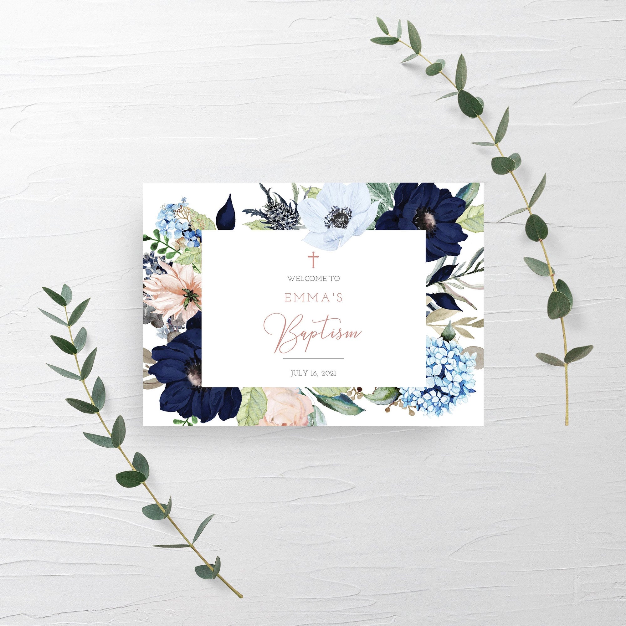 Baptism Welcome Sign Template, Large Welcome Sign Printable, Girl Baptism Decorations Navy and Blush Floral, INSTANT DOWNLOAD - MB100