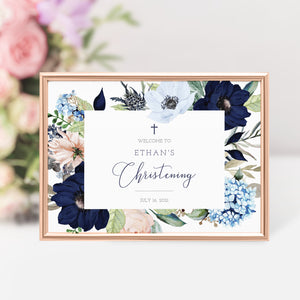 Christening Welcome Sign Template, Large Welcome Sign Printable, Boy Christening Decorations Navy and Blush Floral, INSTANT DOWNLOAD - MB100