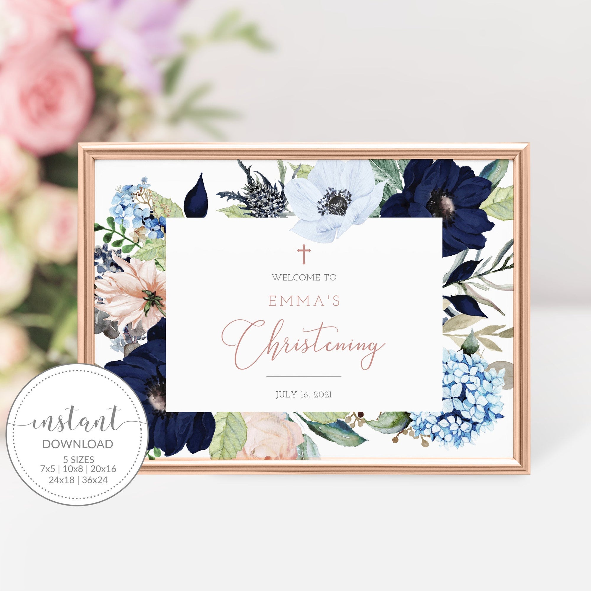 Christening Welcome Sign Template, Large Welcome Sign Printable, Girl Christening Decorations Navy and Blush Floral, INSTANT DOWNLOAD, MB100