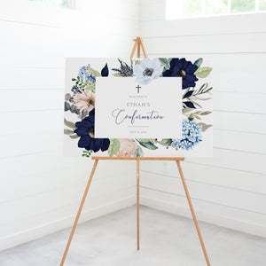 Confirmation Welcome Sign Template, Large Welcome Sign Printable, Boy Confirmation Decorations Navy Blush Floral, INSTANT DOWNLOAD - MB100