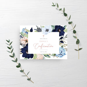 Confirmation Welcome Sign Template, Large Welcome Sign Printable, Girl Confirmation Decorations Navy Blush Floral, INSTANT DOWNLOAD - MB100