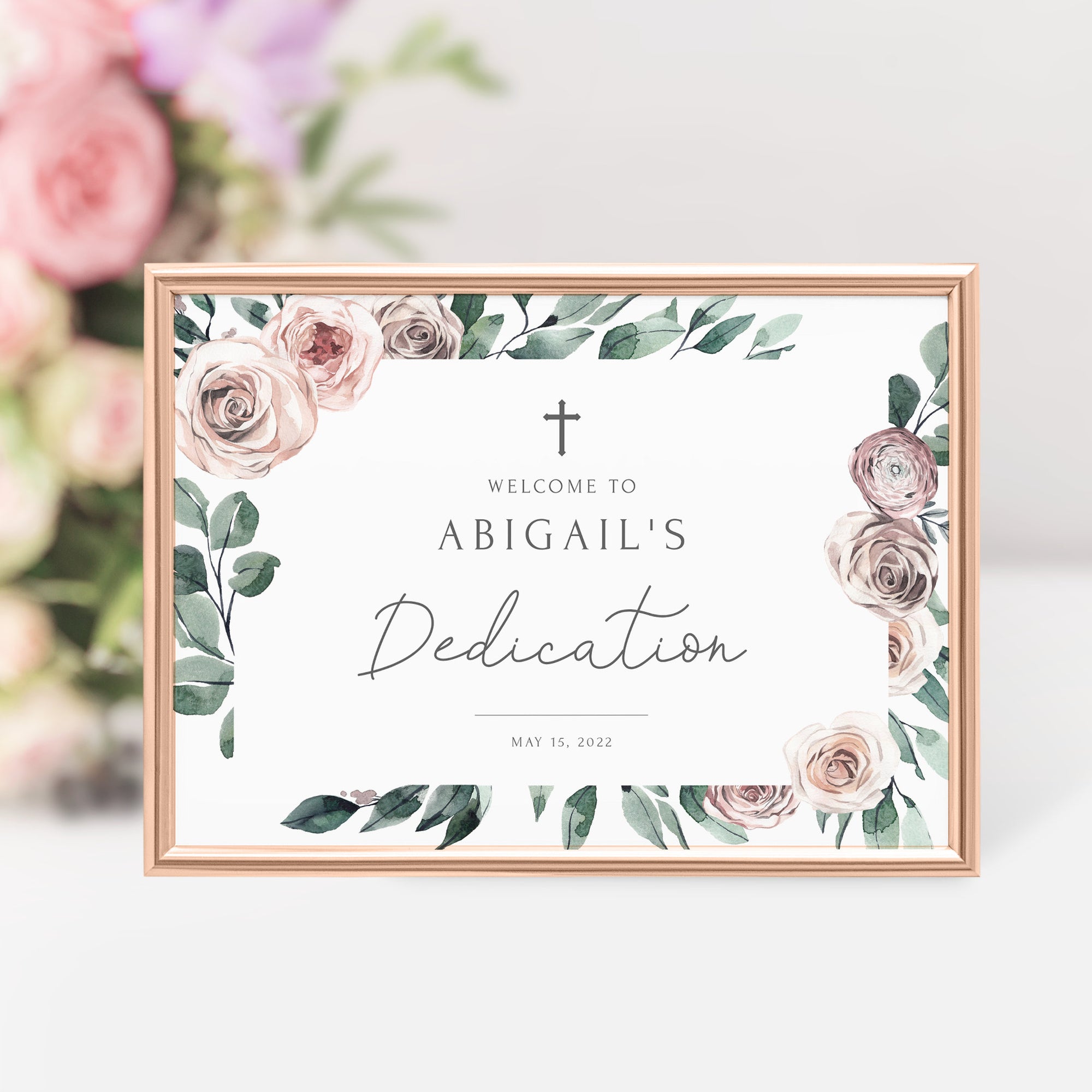 Baby Dedication Welcome Sign Template, Large Welcome Sign Printable, Girl Dedication Decorations, Boho Rose Floral, INSTANT DOWNLOAD BR100