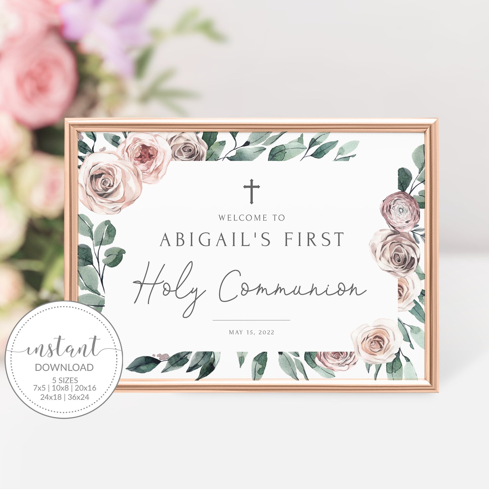 First Holy Communion Welcome Sign Template, Welcome Sign Printable, Girl Communion Decorations, Boho Rose Floral, INSTANT DOWNLOAD BR100