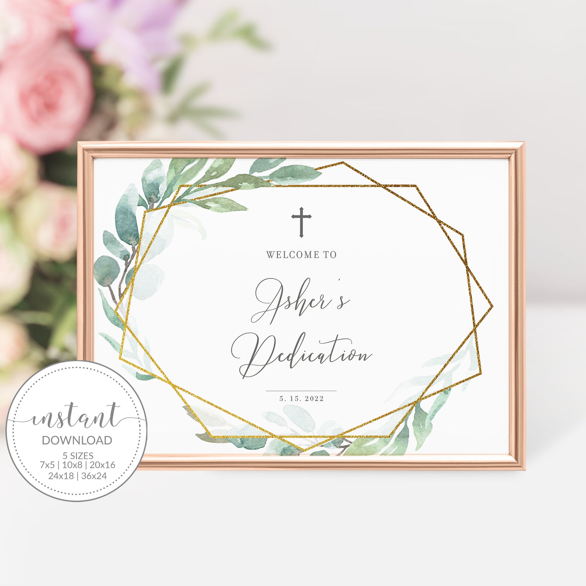 Baby Dedication Welcome Sign Template, Large Welcome Sign Printable, Boy Dedication Decorations, Geometric Greenery, INSTANT DOWNLOAD GFG100
