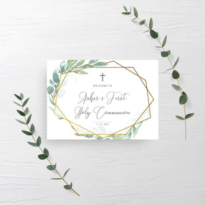 First Holy Communion Welcome Sign Template, Welcome Sign Printable, Boy Communion Decorations, Geometric Greenery, INSTANT DOWNLOAD GFG100
