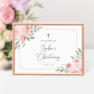 Christening Welcome Sign Template, Large Welcome Sign Printable, Girl Christening Decorations, Blush Floral Rose, INSTANT DOWNLOAD - FR100
