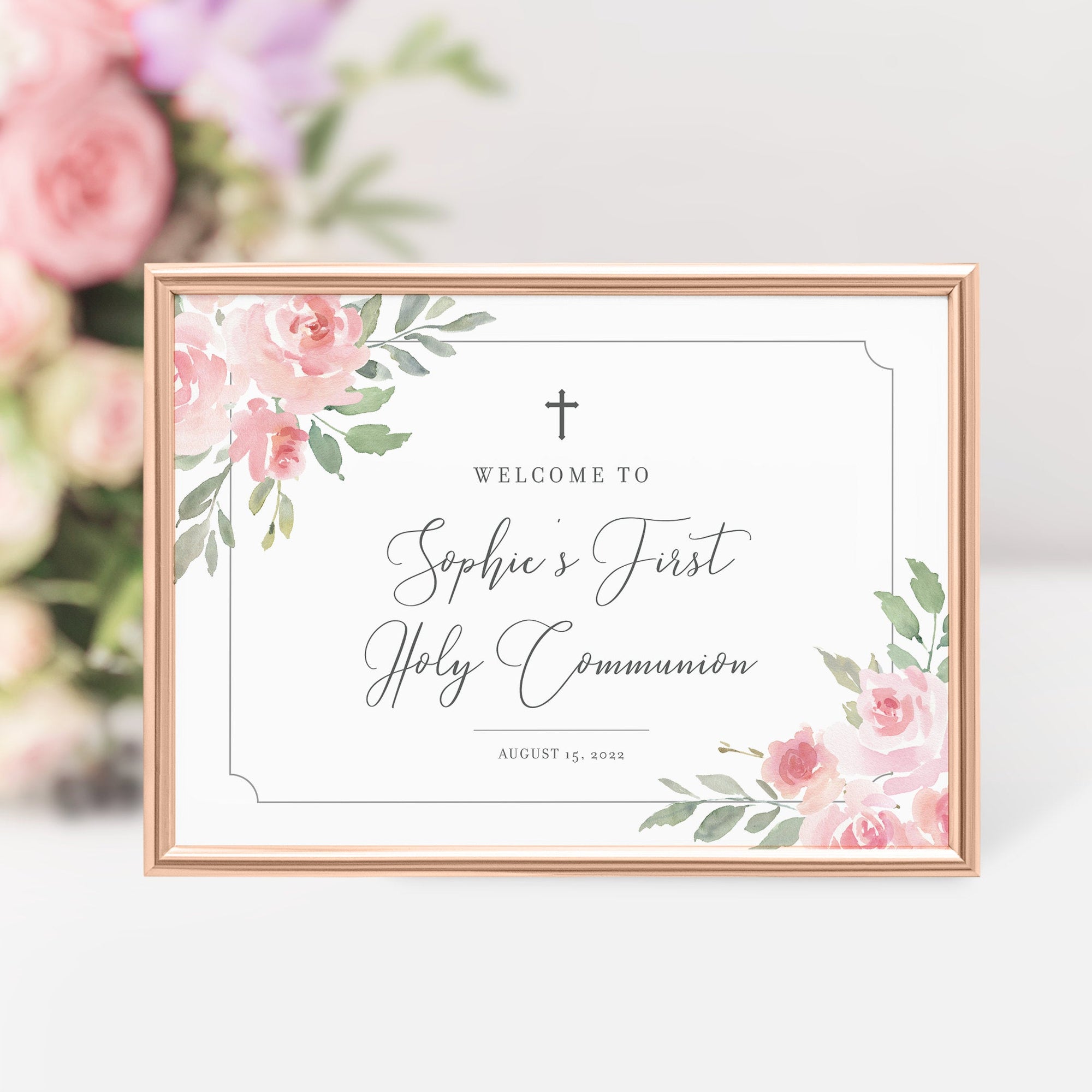 First Holy Communion Welcome Sign Template, Welcome Sign Printable, Girl Communion Decorations, Blush Floral Rose, INSTANT DOWNLOAD FR100