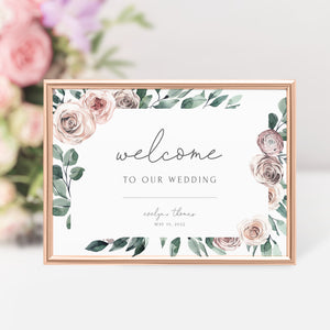 Welcome to Our Wedding Sign Instant Download, Boho Rose Wedding Welcome Sign Template, Blush Floral Printable Wedding Signs, DIGITAL BR100