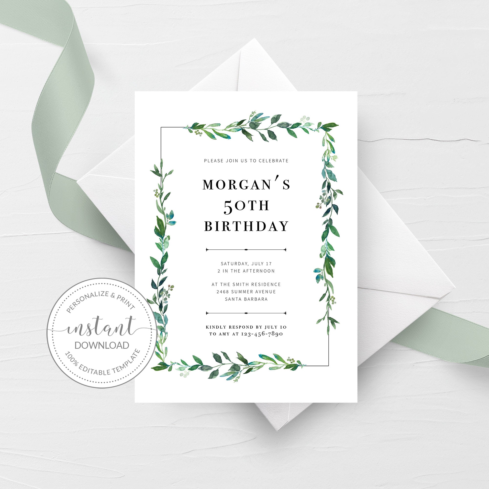greenery 50th birthday invitation template, printable 50th party