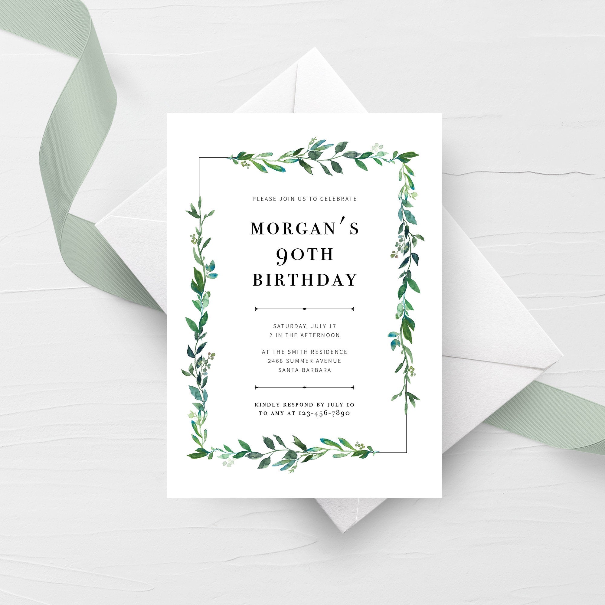 greenery-90th-birthday-invitation-template-printable-90th-birthday-pa-plumpolkadot for Free Printable 90th Birthday Invitations Greenery 90th Birthday Invitation Template, Printable 90th Birthday Pa - PlumPolkaDot for Free Printable 90th Birthday Invitations