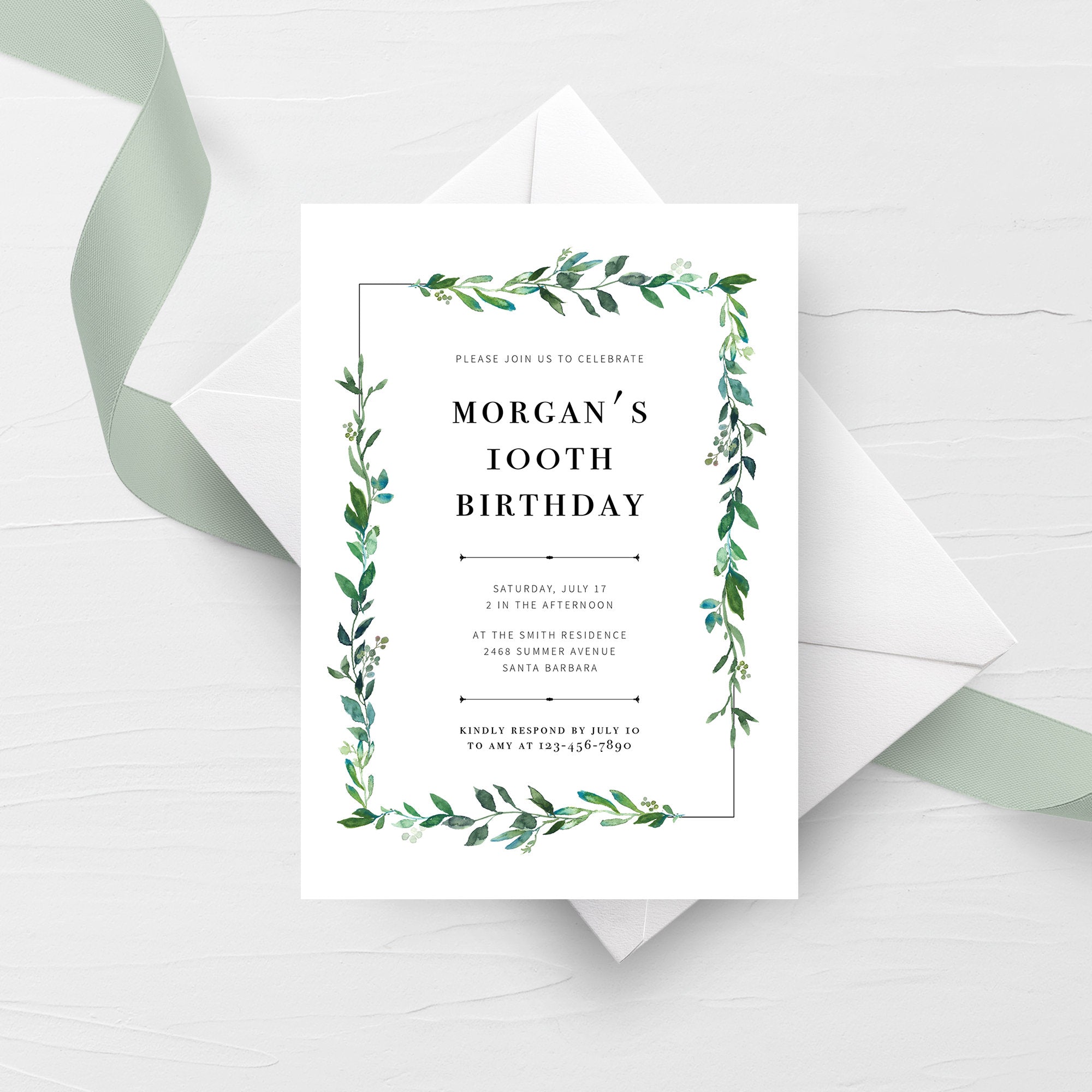Greenery 100th Birthday Invitation Template, Printable 100th Birthday Party Invitation, 100th Birthday Invite, INSTANT DOWNLOAD G100