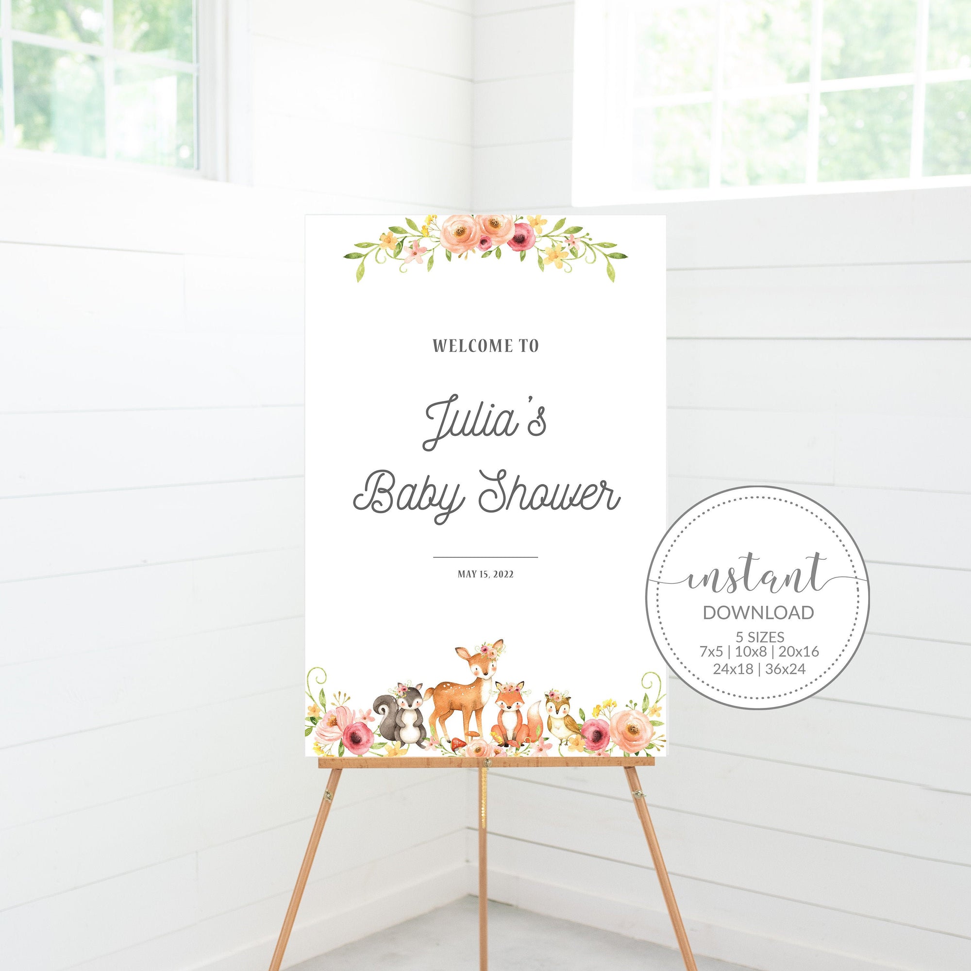 Woodland Baby Shower Welcome Sign Printable, Girl Woodland Animals Baby Shower Sign, Woodland Baby Shower Decorations, INSTANT DOWNLOAD W100
