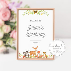 Woodland Birthday Welcome Sign Printable, Boy Woodland Animals Birthday Party Sign, Woodland Party Decorations, INSTANT DOWNLOAD W100