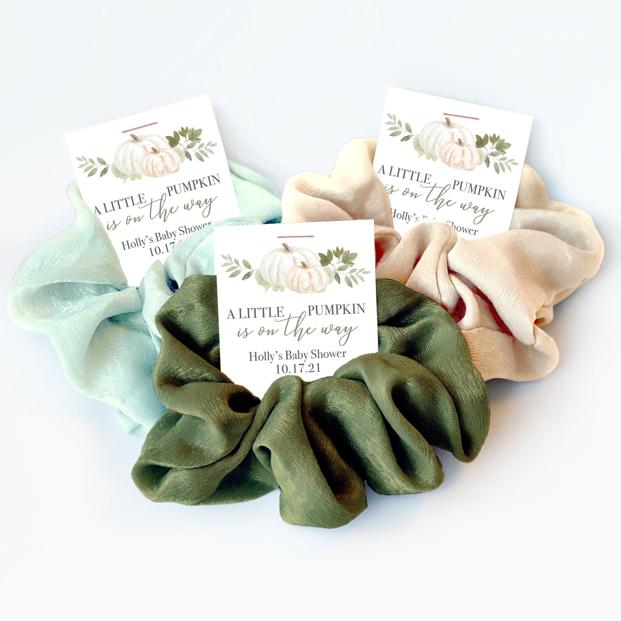 Fall Baby Shower Favors, Hair Scrunchie Favors, A Little Pumpkin Is On The Way, Greenery Pumpkin Baby Shower Guest Gifts - PG100