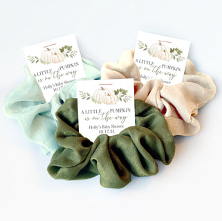 Fall Baby Shower Favors, Hair Scrunchie Favors, A Little Pumpkin Is On The Way, Greenery Pumpkin Baby Shower Guest Gifts - PG100