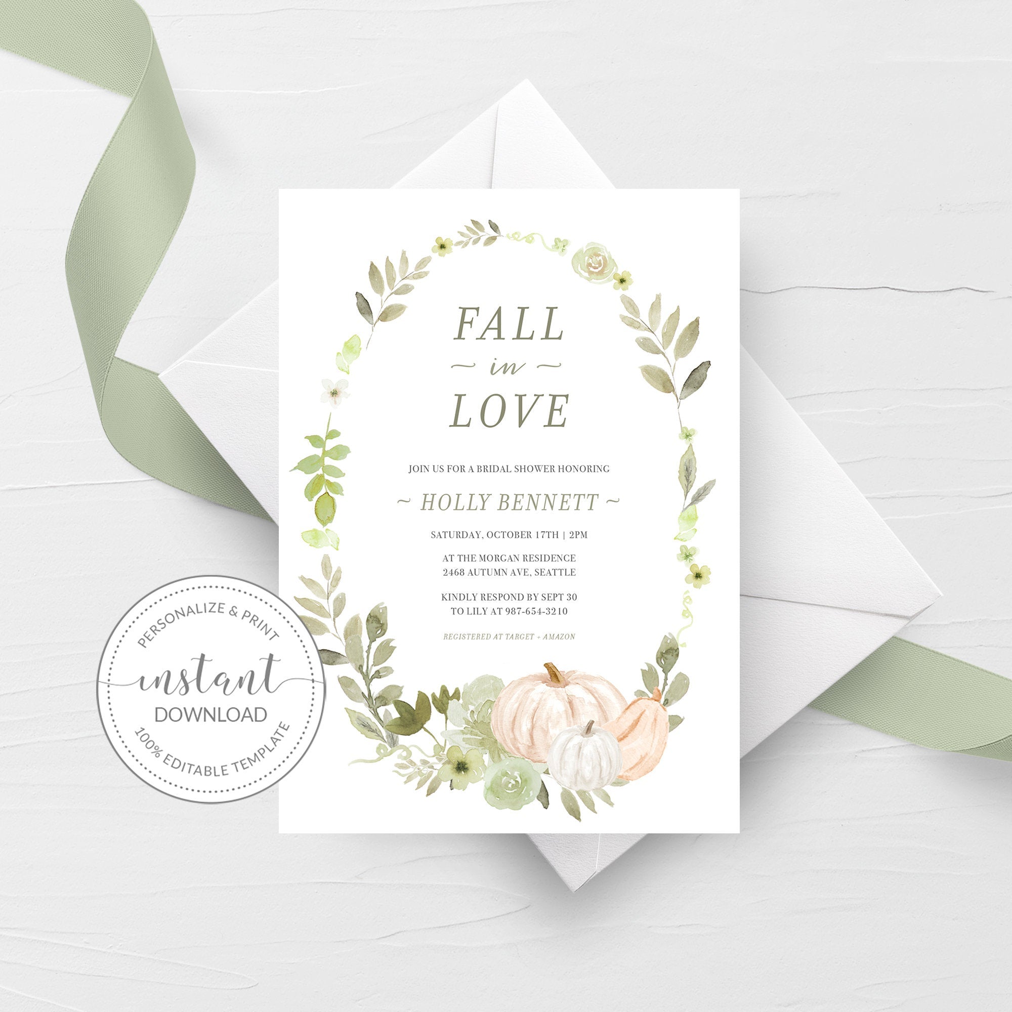 fall-greenery-pumpkin-bridal-shower-invitation-printable-fall-in-love-plumpolkadot for Invitations Bridal Shower Free Printable Fall Greenery Pumpkin Bridal Shower Invitation, Printable Fall In Love - PlumPolkaDot for Invitations Bridal Shower Free Printable
