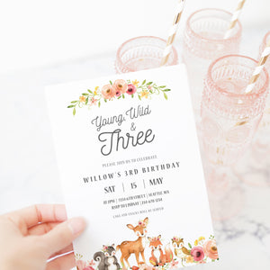 Woodland 3rd Birthday Invite Template, Young Wild and Three Birthday Girl Invitation Printable, Woodland Animals, INSTANT DOWNLOAD W100