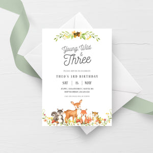 Woodland 3rd Birthday Invite Template, Young Wild and Three Birthday Boy Invitation Printable, Woodland Animals, INSTANT DOWNLOAD W100