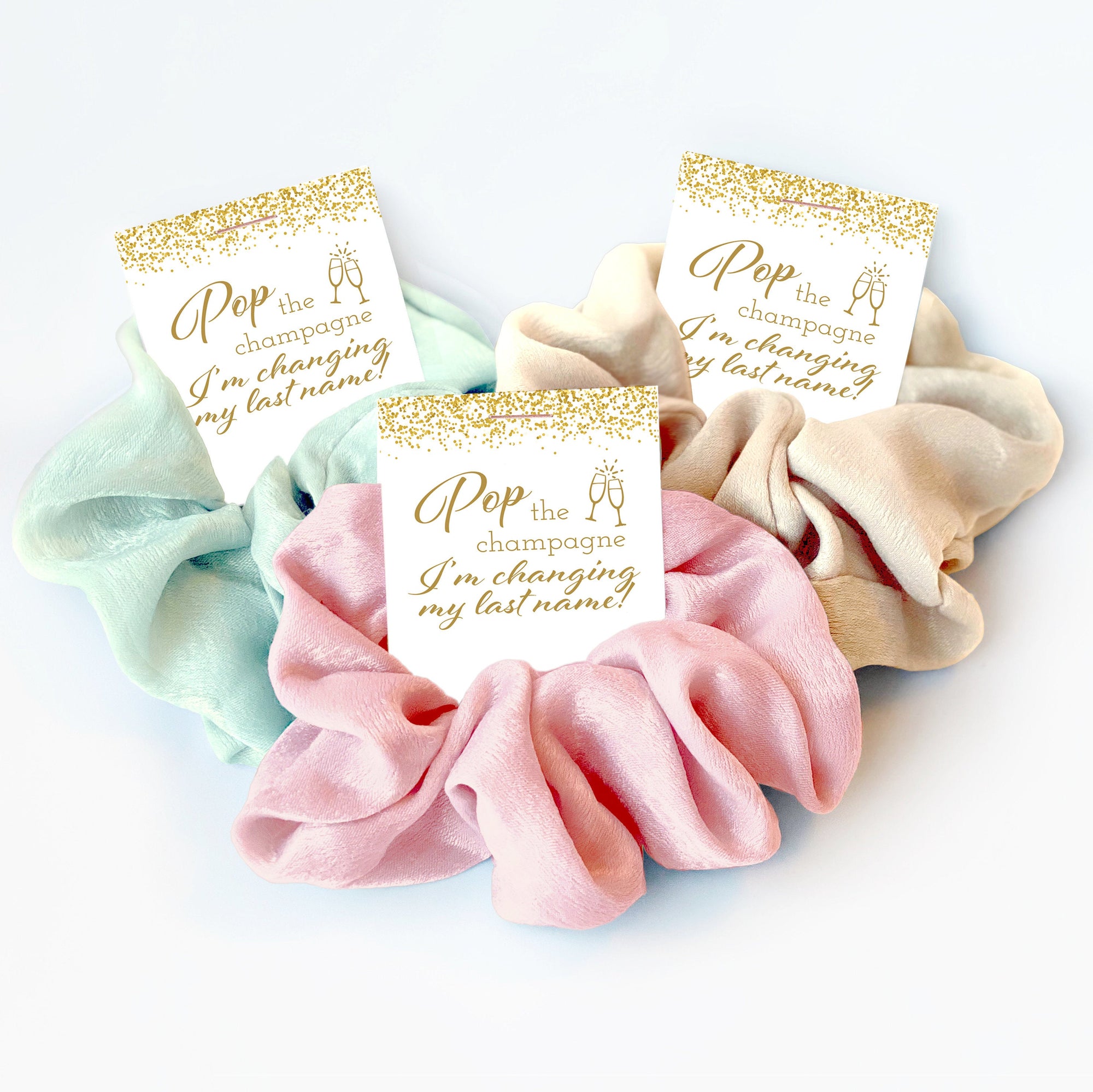 Pop The Champagne I’m Changing My Last Name, Scrunchie Bridesmaid Proposal Gift, Bridal Party, Bridesmaid Box Items, Ask Bridesmaid Gift